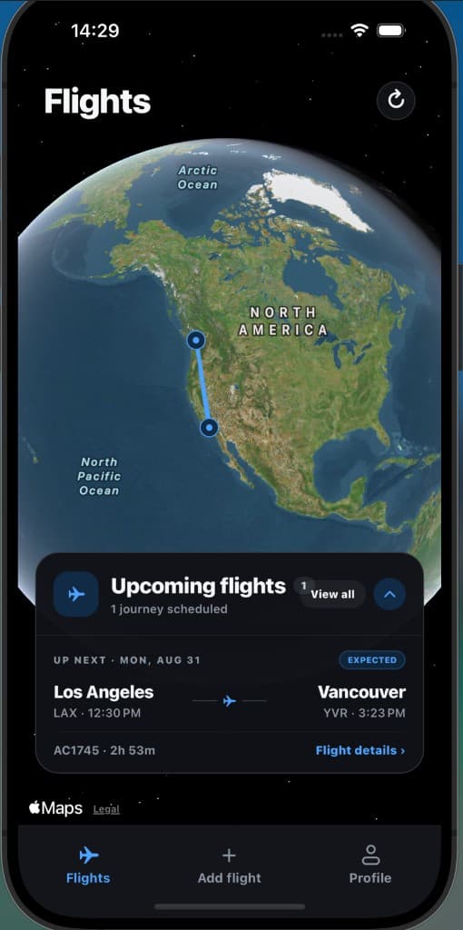 Flights tab showing a Los Angeles to Vancouver route on a globe above an upcoming flights card